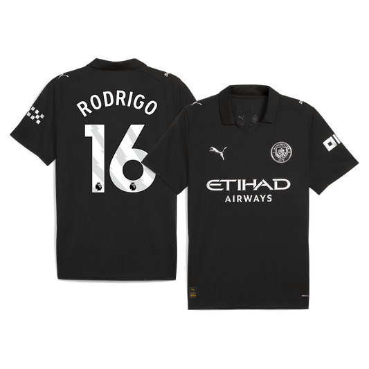 Camiseta de fútbol visitante RODRIGO #16 del Manchester City 2025/26, negra
