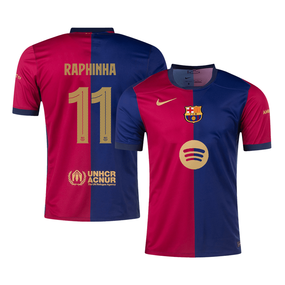 Camiseta de fútbol local del Barcelona 2024/25, RAPHINHA #11, roja y azul - UCL (logotipo de Spotify sin texto)
