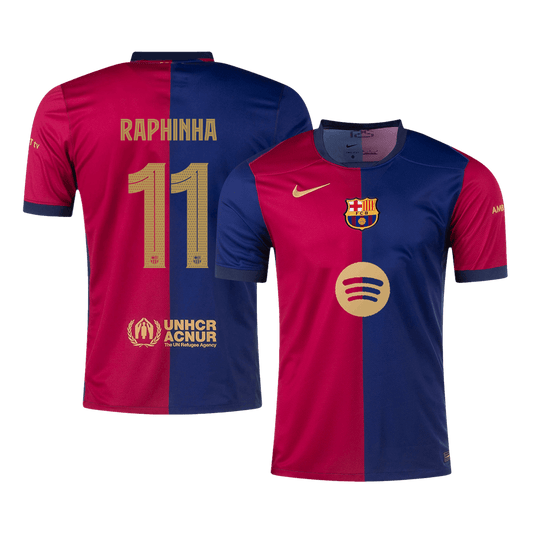 Camiseta de fútbol local del Barcelona 2024/25, RAPHINHA #11, roja y azul - UCL (logotipo de Spotify sin texto)