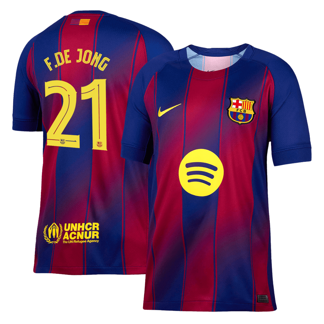 Camiseta de fútbol local del Barcelona 2025/26, F.DE JONG #21, roja y azul - UCL
