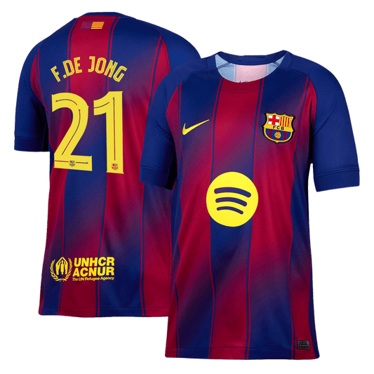 Camiseta de fútbol local del Barcelona 2025/26, F.DE JONG #21, roja y azul - UCL