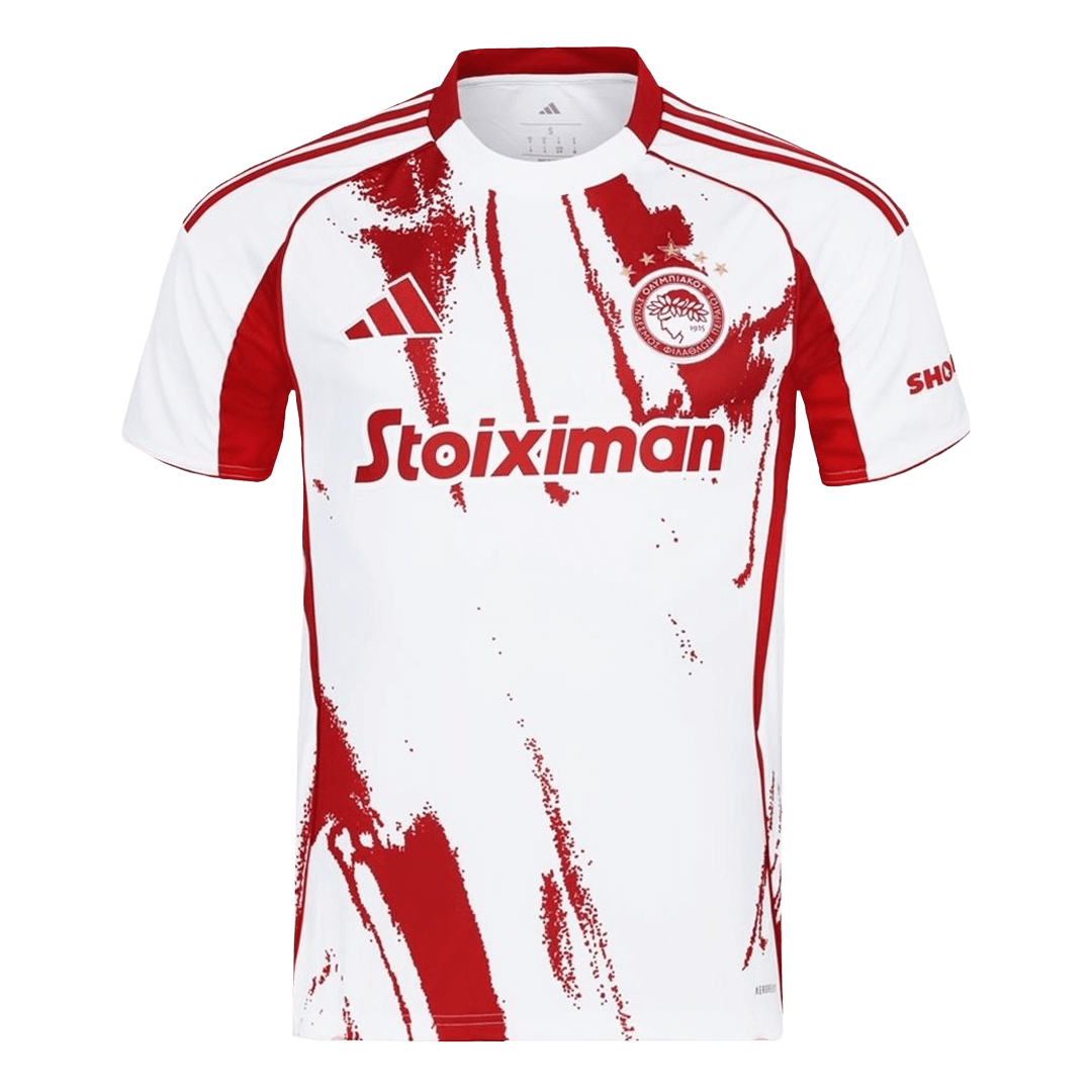 Camiseta de visitante del Olympiacos 2025/26, roja y blanca