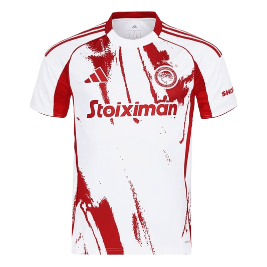 Camiseta de visitante del Olympiacos 2025/26, roja y blanca