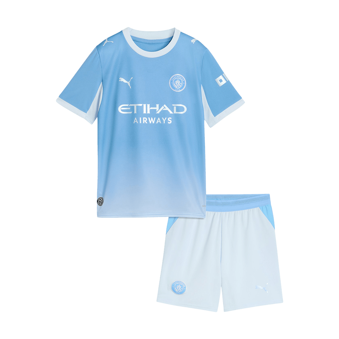 Conjunto infantil de camiseta y pantalón corto del Manchester City (temporada 2026/27) color azul.