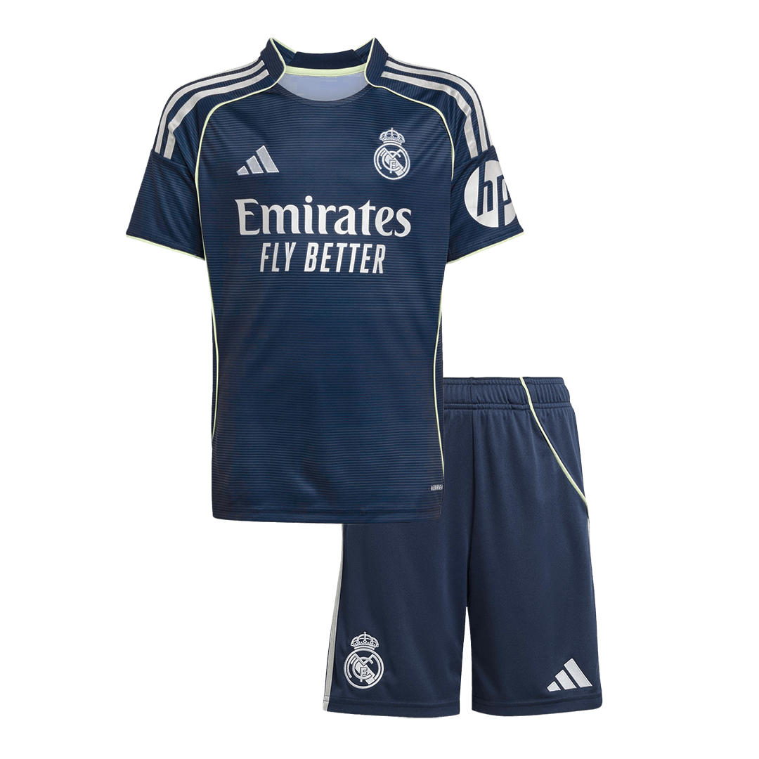 Kit de camiseta de fútbol visitante del Real Madrid 2025/26 para niños