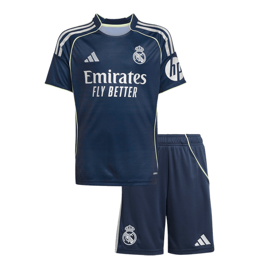 Kit de camiseta de fútbol visitante del Real Madrid 2025/26 para niños