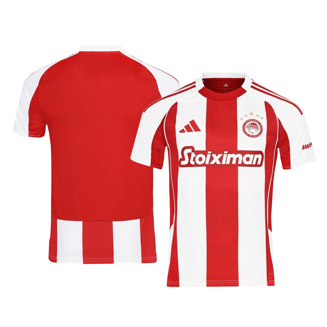 Camiseta de fútbol local del Olympiacos 2025/26 roja y blanca