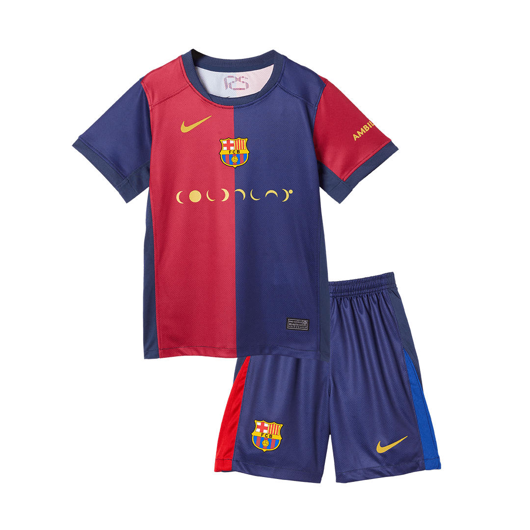 Kit de fútbol local del Barcelona x Coldplay para niños (camiseta y pantalón corto) 2024/25, rojo y azul