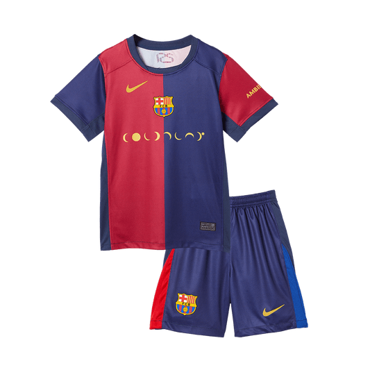 Kit de fútbol local del Barcelona x Coldplay para niños (camiseta y pantalón corto) 2024/25, rojo y azul