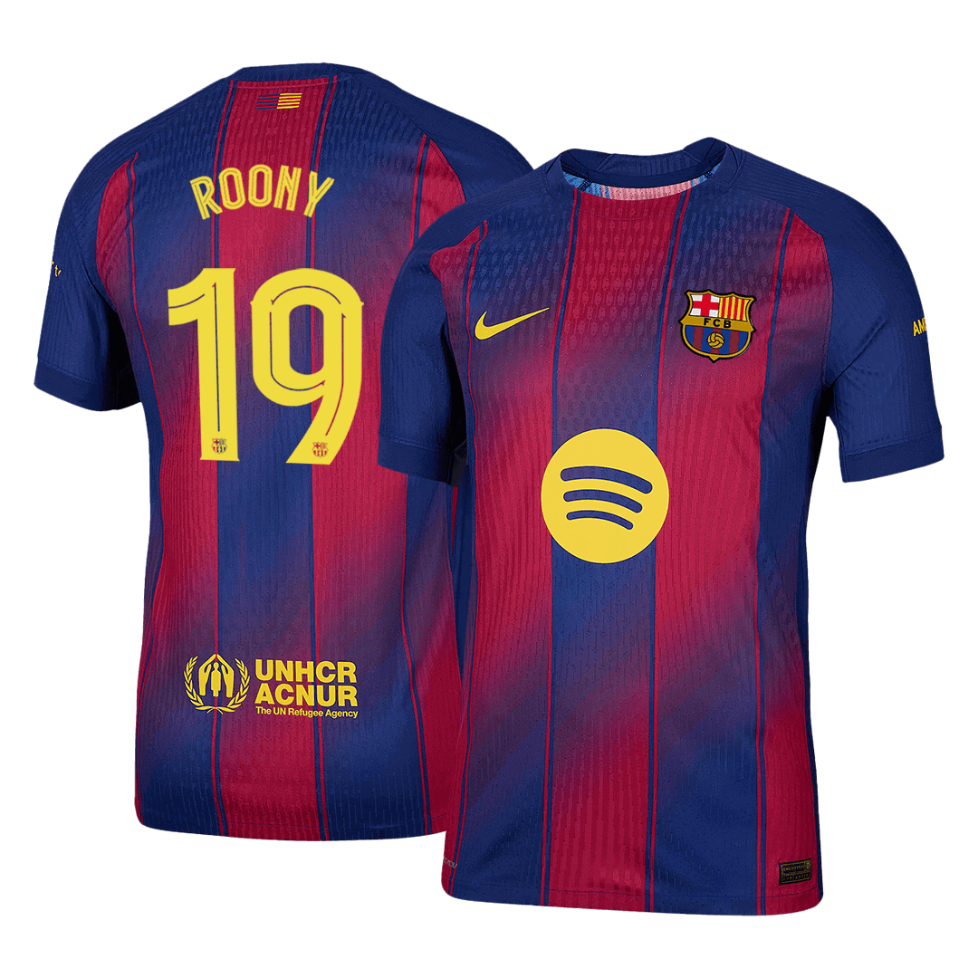 Camiseta de fútbol local auténtica del Barcelona 2025/26 ROONY #19, roja y azul - UCL