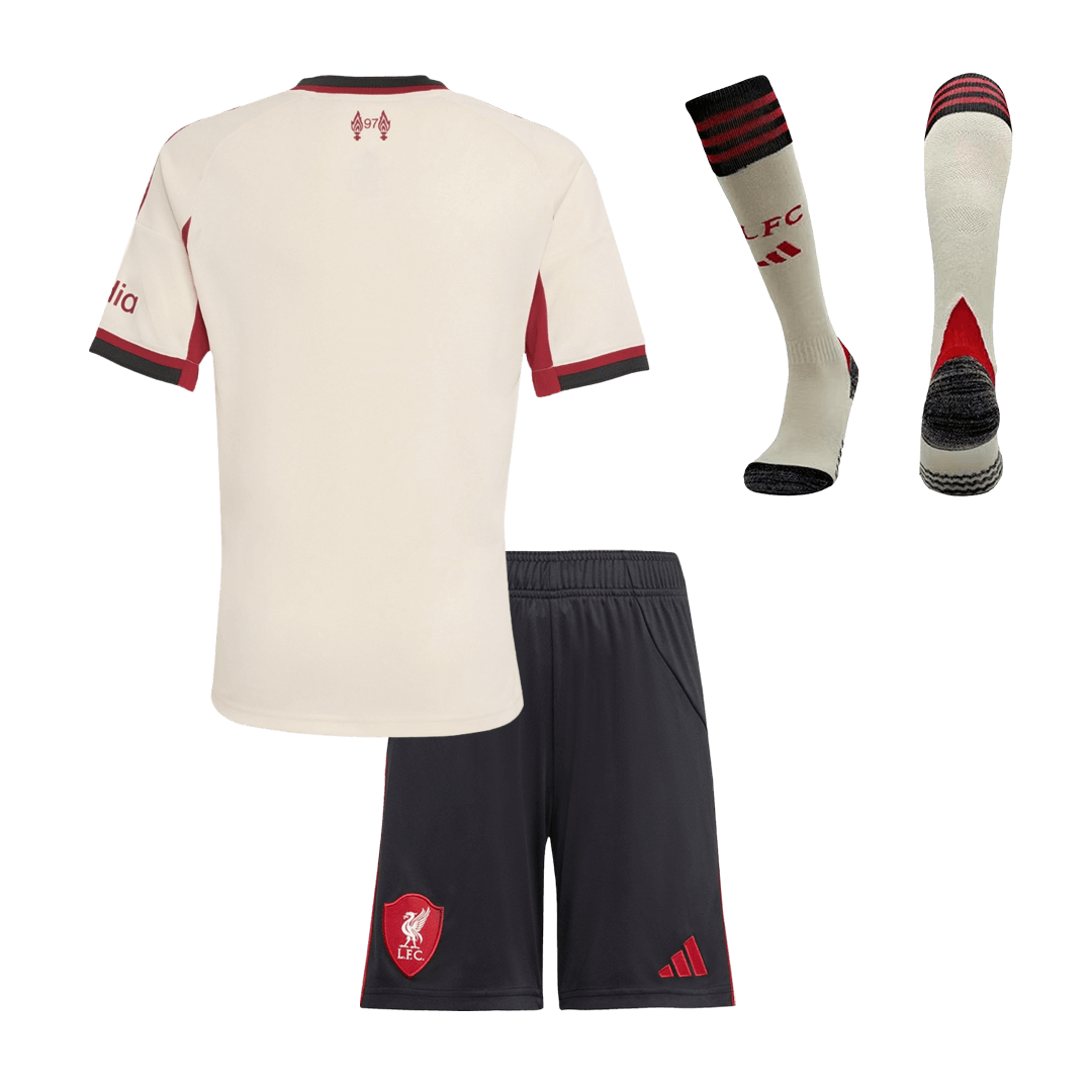 Kit de fútbol visitante del Liverpool para niño (camiseta, pantalón corto y calcetines), talla 25/26, color blanco