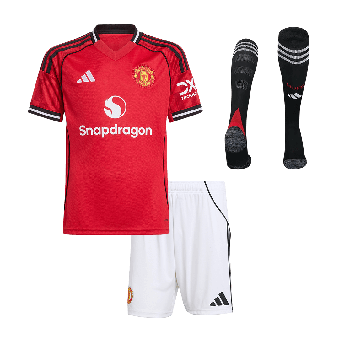 Kit de fútbol local del Manchester United para niños (Kit, pantalón corto y calcetines) 2025/26