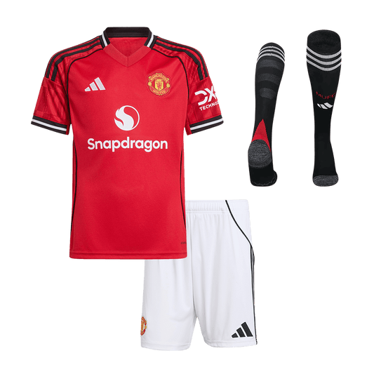 Kit de fútbol local del Manchester United para niños (Kit, pantalón corto y calcetines) 2025/26