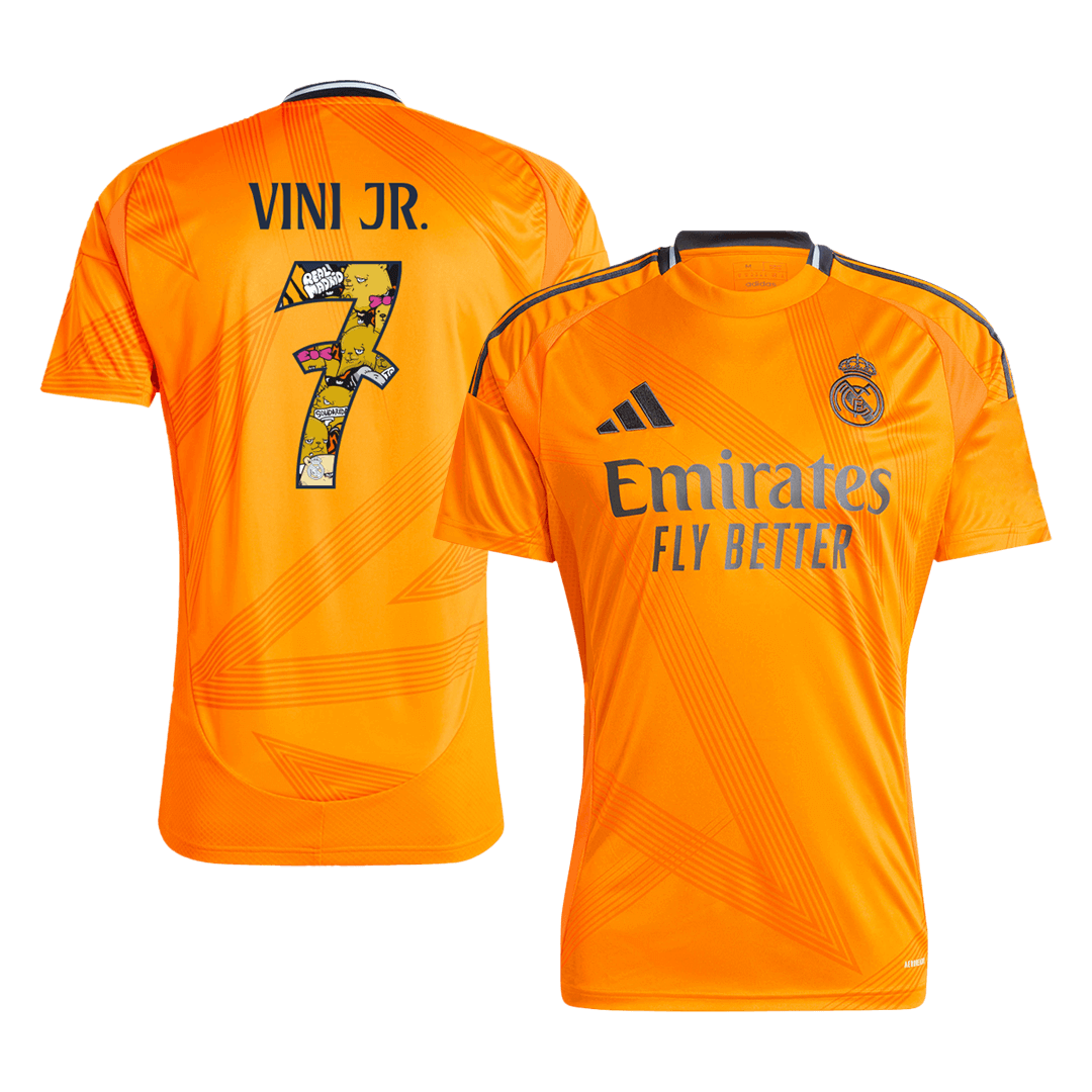 Camiseta de fútbol visitante VINI JR. #7 del Real Madrid - Fuente Bear Champ (tamaño grande)