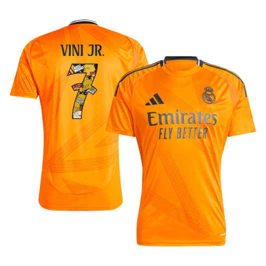 Camiseta de fútbol visitante VINI JR. #7 del Real Madrid - Fuente Bear Champ (tamaño grande)