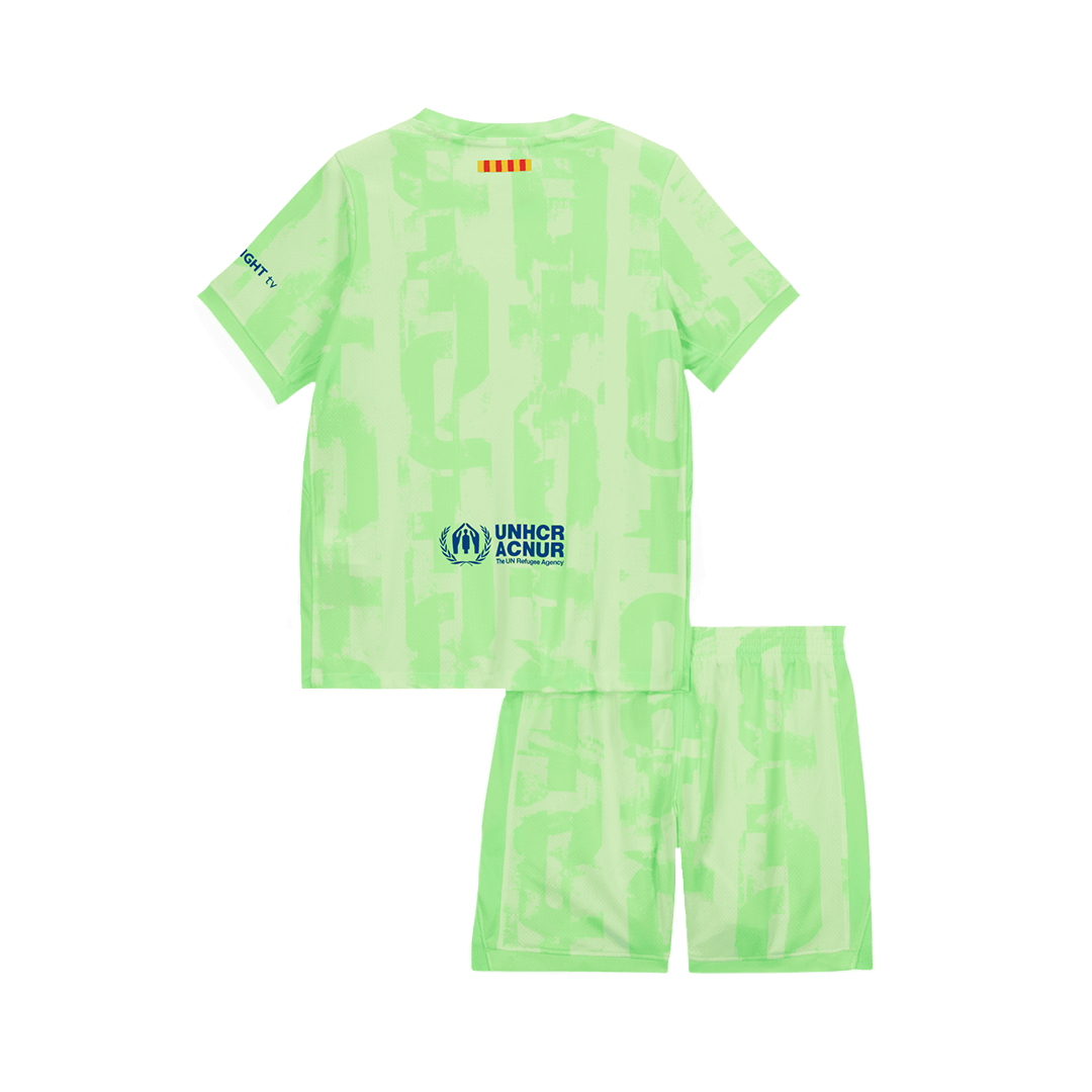 Kit de fútbol infantil de visitante del Barcelona (camiseta y pantalón corto) 2024/25 - UCL (logotipo de Spotify sin texto)