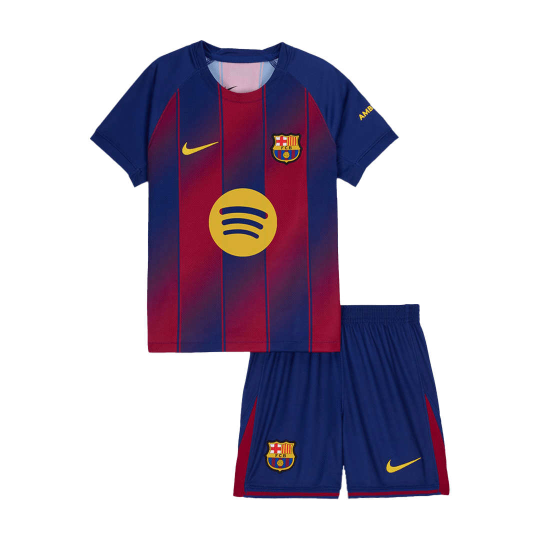 Kit de fútbol local del Barcelona para niños (camiseta y pantalón corto) 2025/26, rojo y azul