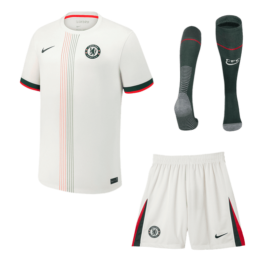 Kit de visitante del Chelsea (camiseta, pantalones cortos y calcetines) 2025/26, color blanco