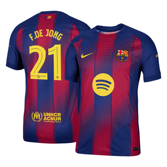 Camiseta de fútbol local auténtica de F.DE JONG #21 del Barcelona 2025/26, roja y azul - UCL