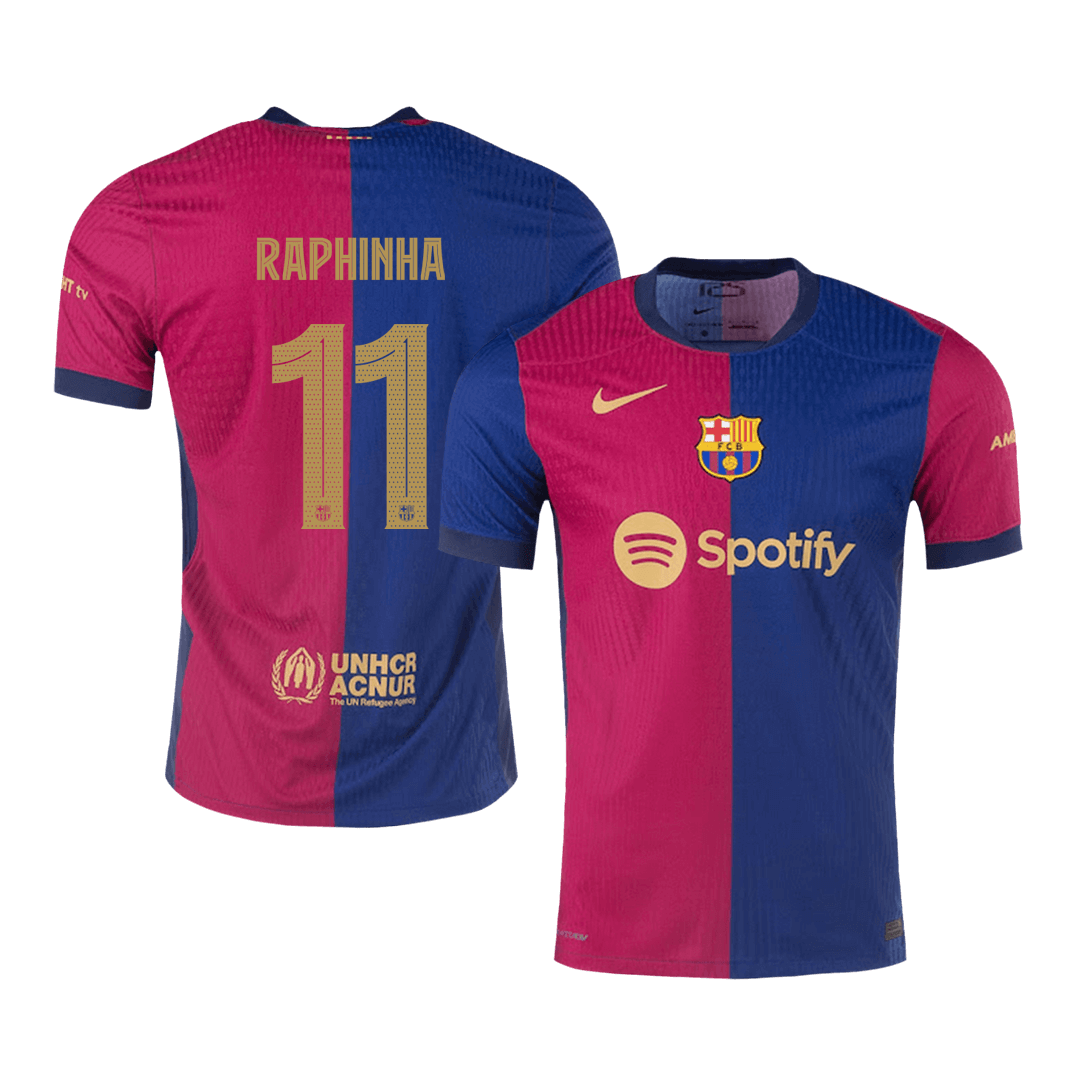 Camiseta de fútbol local auténtica del Barcelona 2024/25 RAPHINHA #11, roja y azul - UCL