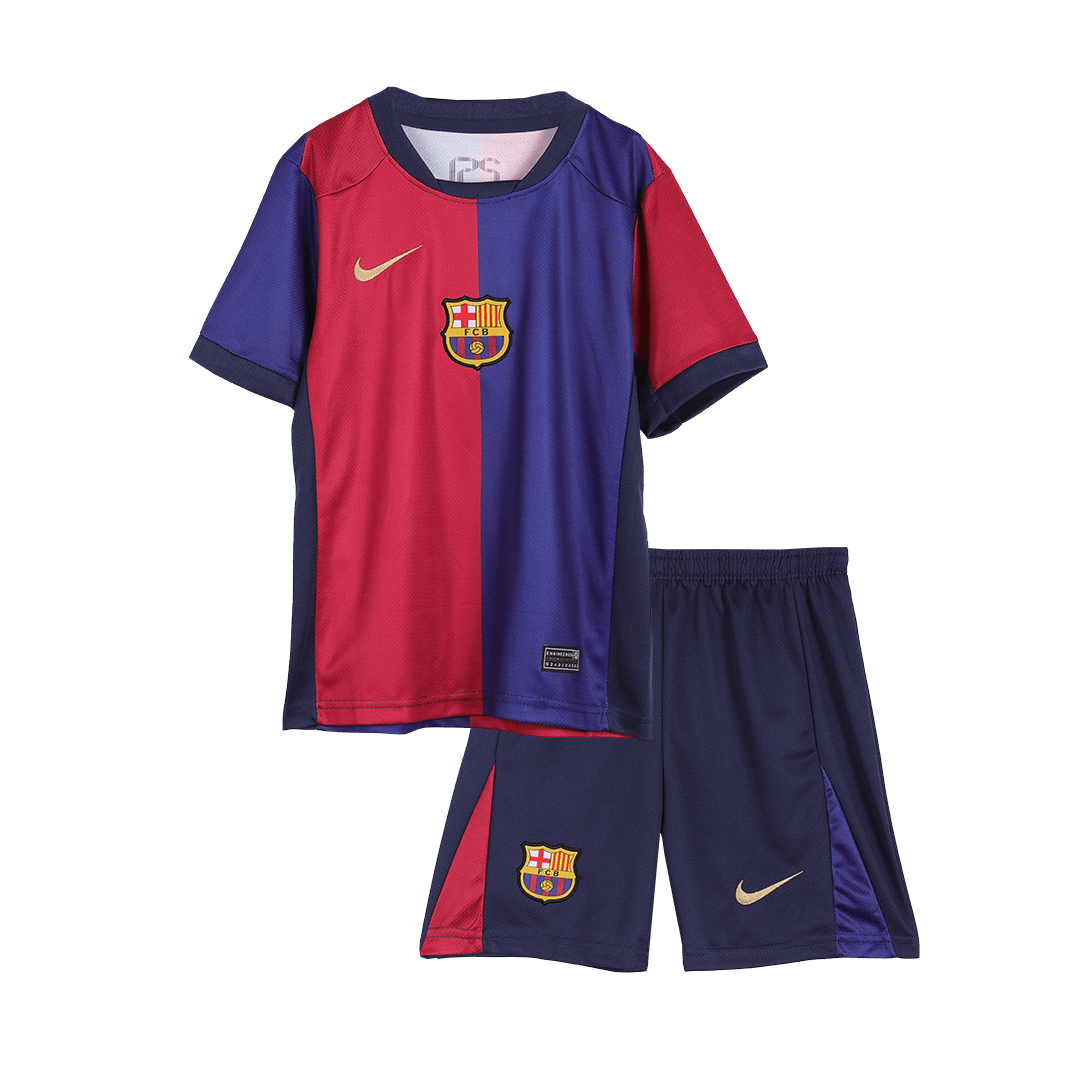 Kit de fútbol infantil del Barcelona (camiseta y pantalón corto) 2024/25 con el logotipo de Spotify sin texto