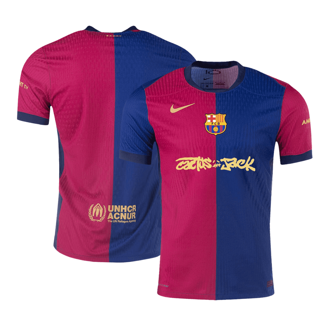 Camiseta de fútbol local auténtica del Barcelona x Travis Scott 2024/25, roja y azul