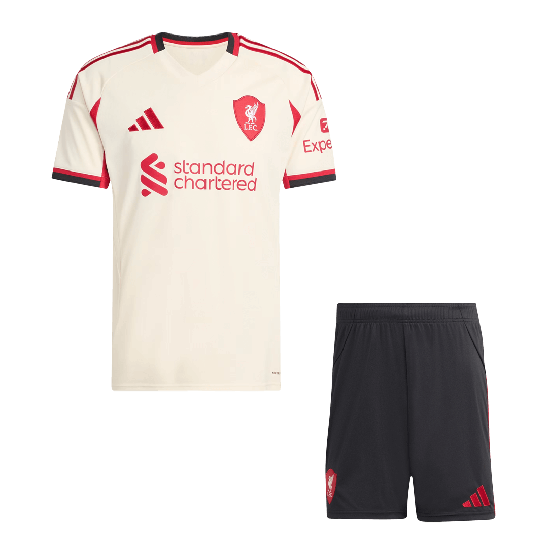 Kit de visitante del Liverpool (camiseta y pantalones cortos) 25/26 blanca