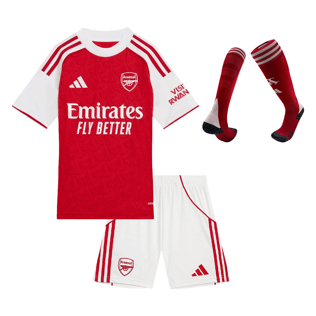 Kit de fútbol local del Arsenal para niños (camiseta, pantalones cortos y calcetines) 2025/26, color rojo