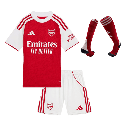 Kit de fútbol local del Arsenal para niños (camiseta, pantalones cortos y calcetines) 2025/26, color rojo