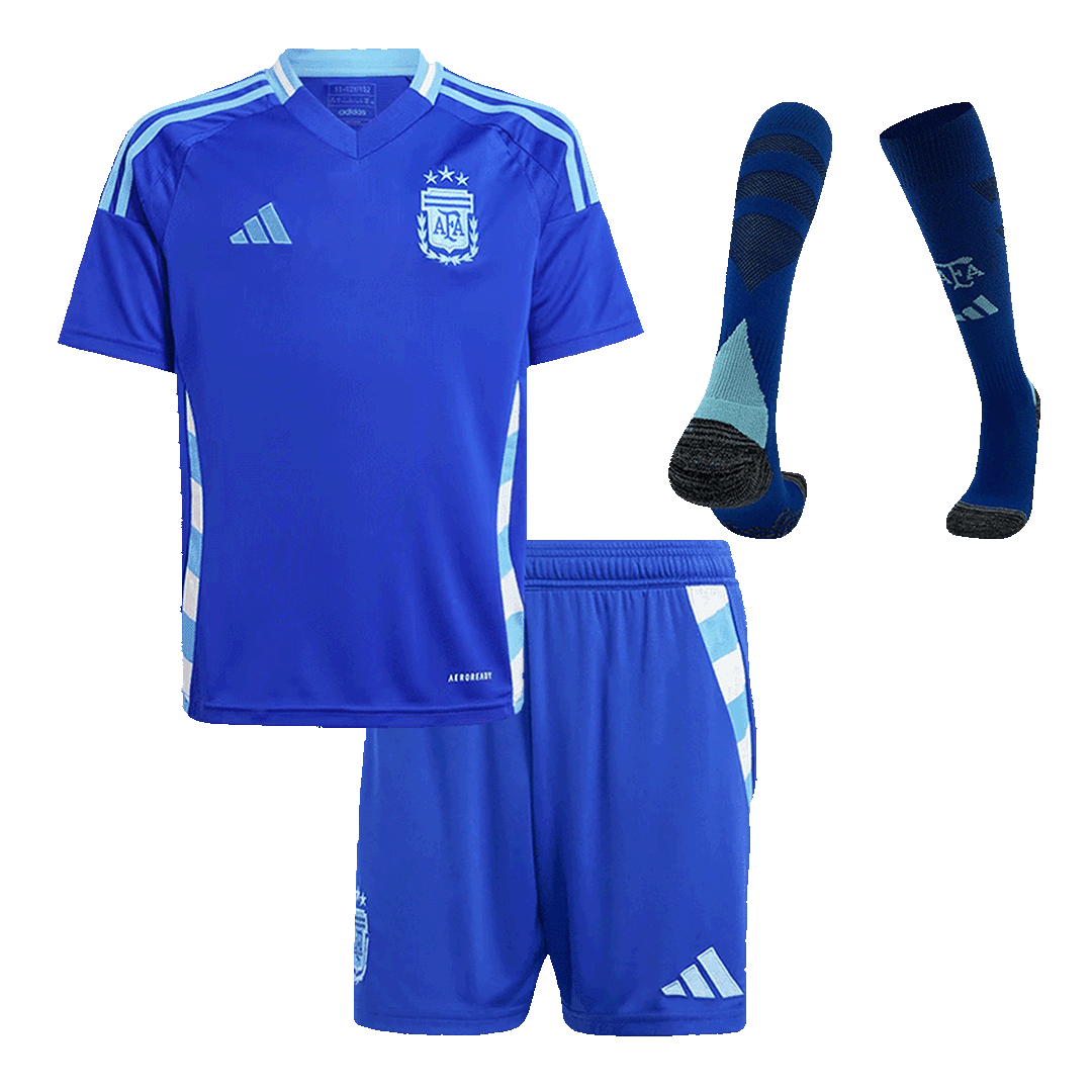 Kit de camiseta de visitante de Argentina para niños (camiseta, pantalón corto y medias) para la Copa América 2024