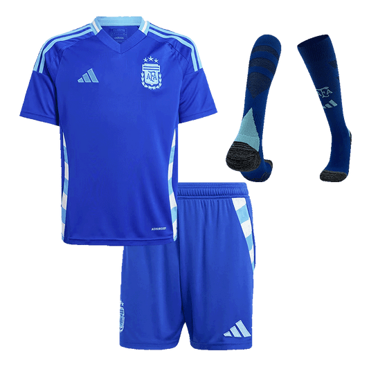 Kit de camiseta de visitante de Argentina para niños (camiseta, pantalón corto y medias) para la Copa América 2024