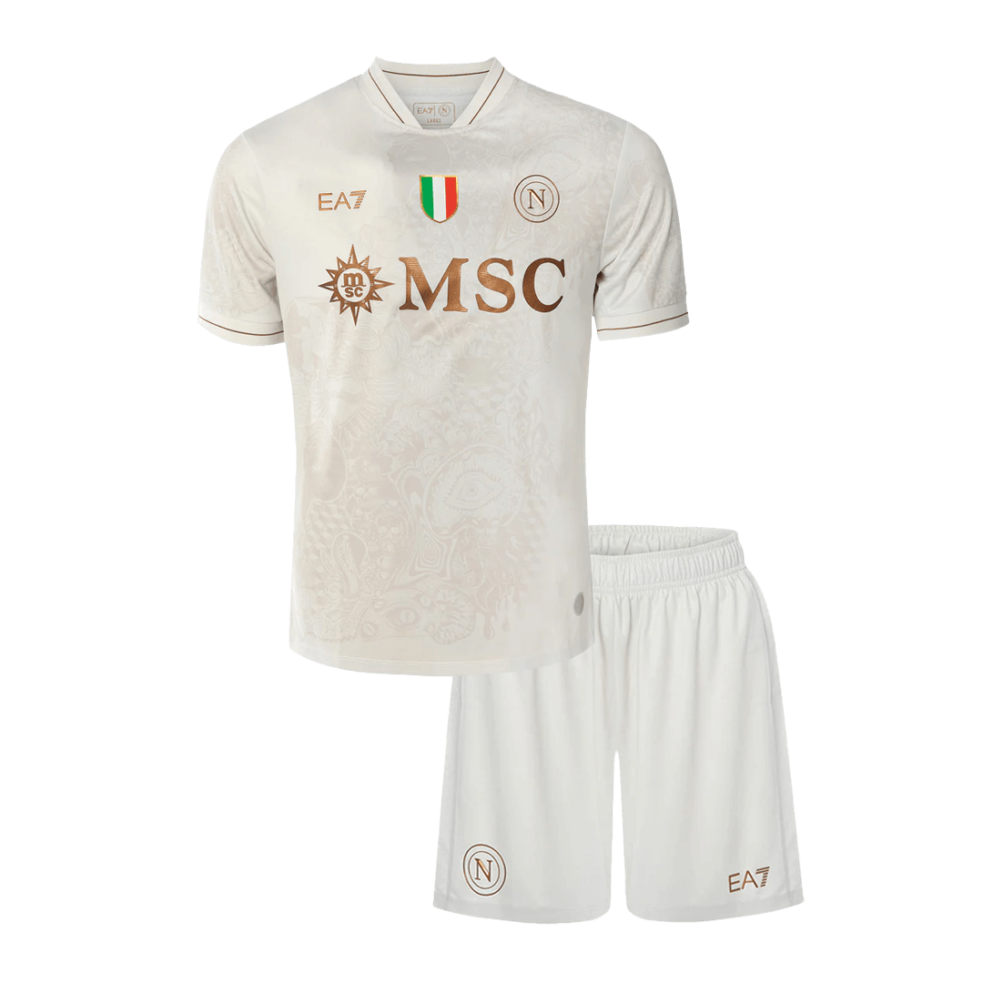 Kit de visitante del Napoli 25/26 para niños (camiseta y pantalones cortos) blanco