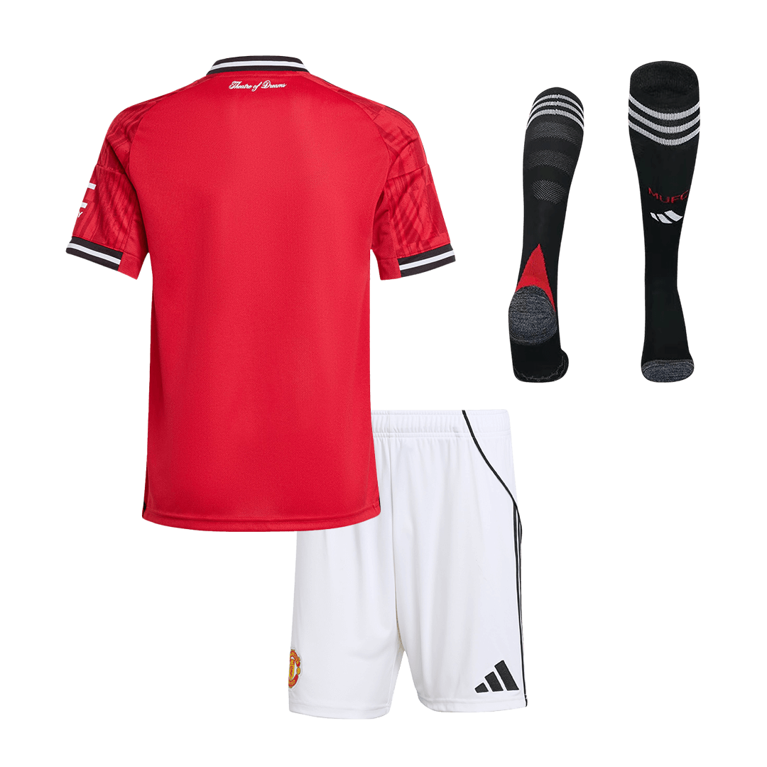 Kit de fútbol local del Manchester United para niños (Kit, pantalón corto y calcetines) 2025/26