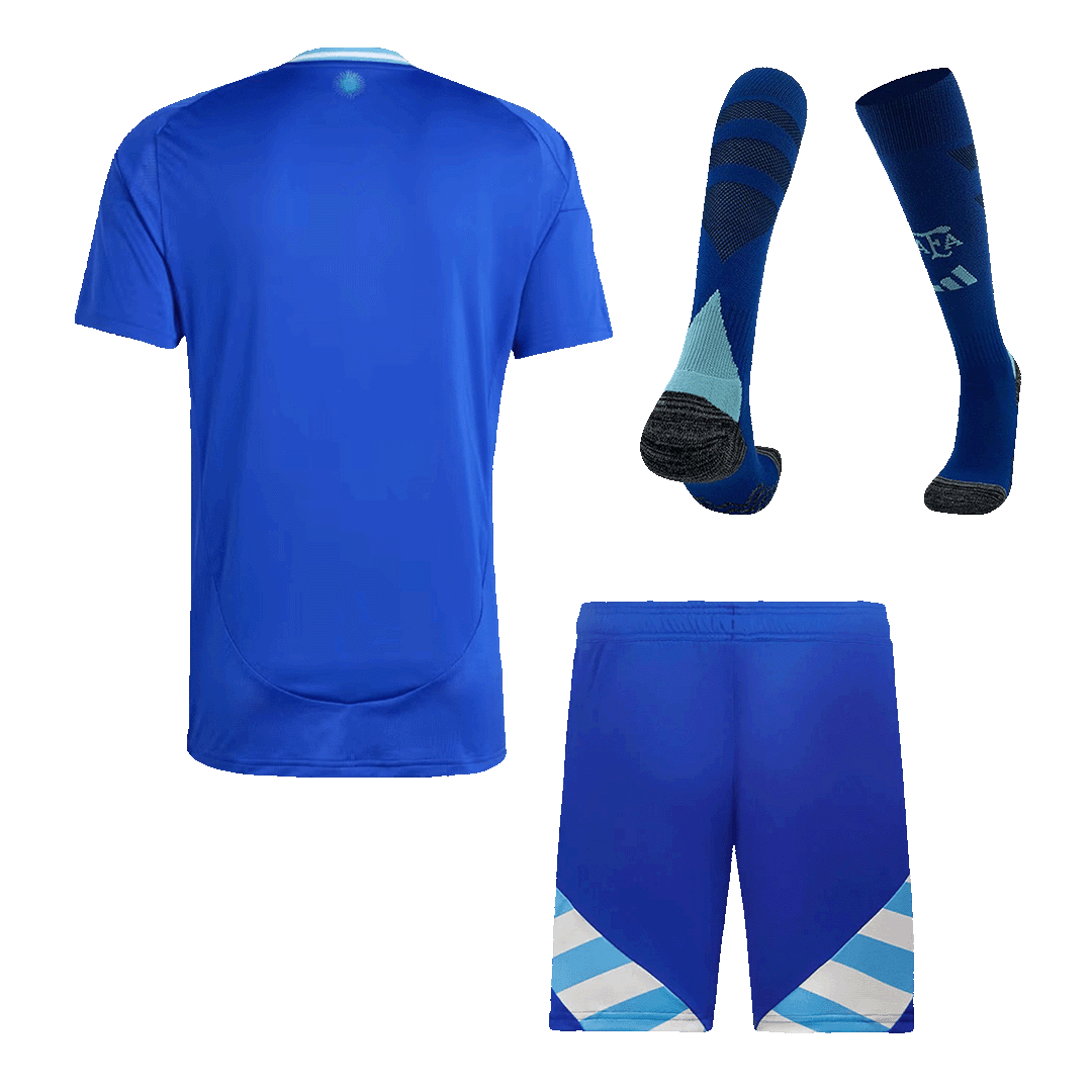 Kit de camiseta de fútbol visitante de Argentina para hombre (camiseta + pantalones cortos + calcetines) 2024