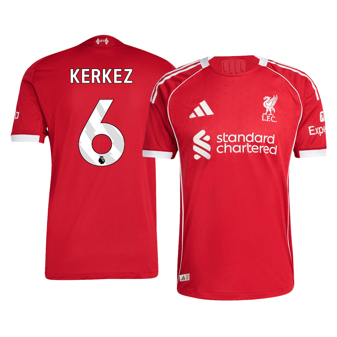 Camiseta de fútbol local auténtica KERKEZ #6 del Liverpool 2025/26, roja