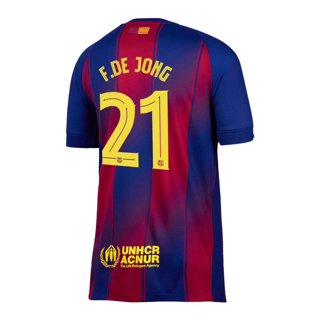 Camiseta de fútbol local del Barcelona 2025/26, F.DE JONG #21, roja y azul - UCL