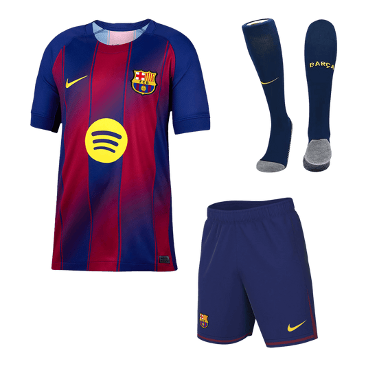 Kit de fútbol local del Barcelona para niños (camiseta, pantalón corto y calcetines) 2025/26 (rojo y azul)