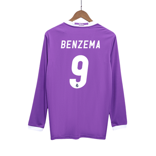 Camiseta de fútbol vintage de visitante del Real Madrid Benzema #9 2016/17, manga larga