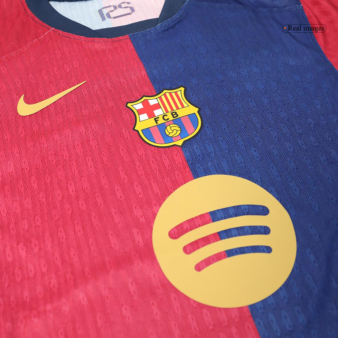 Camiseta de fútbol local auténtica del Barcelona 2024/25, RAPHINHA #11, roja y azul - UCL (logotipo de Spotify sin texto)