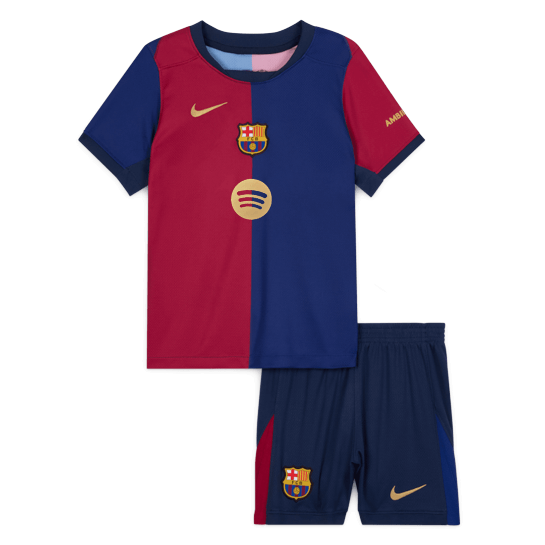 Kit de fútbol infantil del Barcelona (camiseta y pantalón corto) 2024/25 con el logotipo de Spotify sin texto