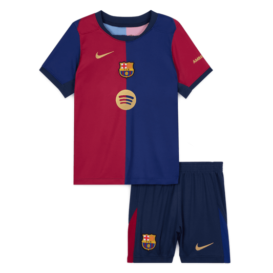 Kit de fútbol infantil del Barcelona (camiseta y pantalón corto) 2024/25 con el logotipo de Spotify sin texto