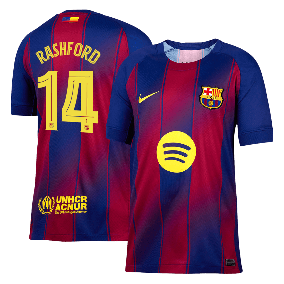 Camiseta de fútbol local del Barcelona 2025/26, RASHFORD #14, rojo y azul - UCL
