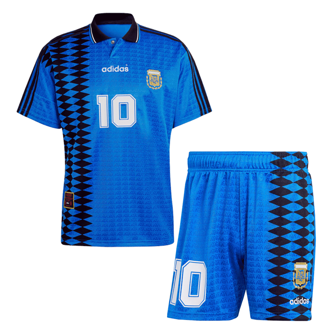 Kit de fútbol retro de visitante de Argentina n.° 10 (camiseta y pantalones cortos) 1994