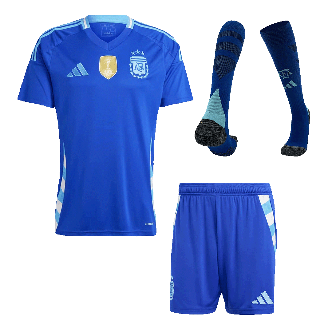 Kit de camiseta de fútbol visitante de Argentina para hombre (camiseta + pantalones cortos + calcetines) 2024