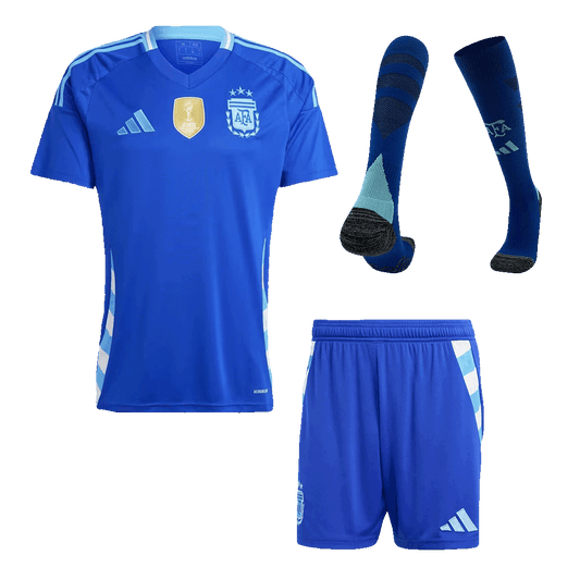 Kit de camiseta de fútbol visitante de Argentina para hombre (camiseta + pantalones cortos + calcetines) 2024