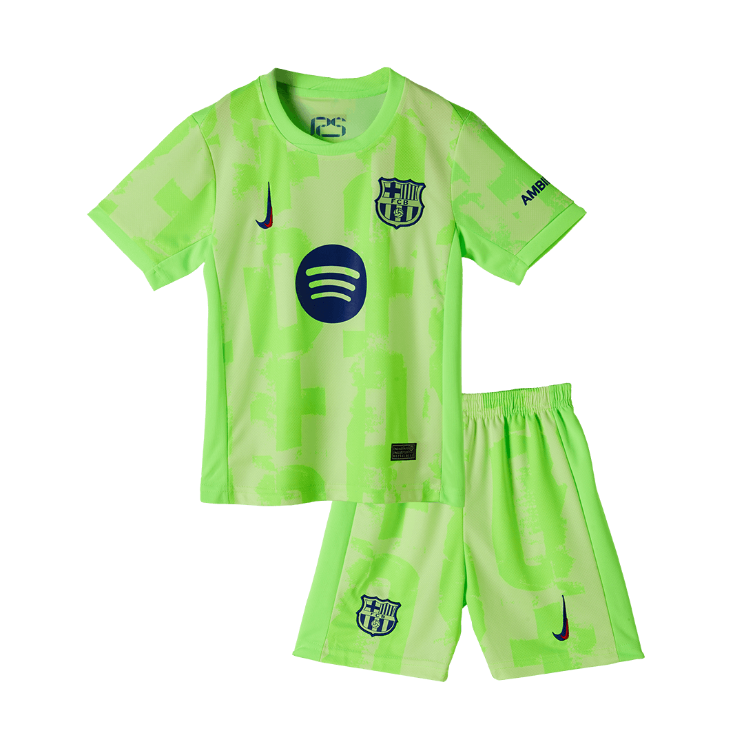 Kit de fútbol infantil de visitante del Barcelona (camiseta y pantalón corto) 2024/25 - UCL (logotipo de Spotify sin texto)