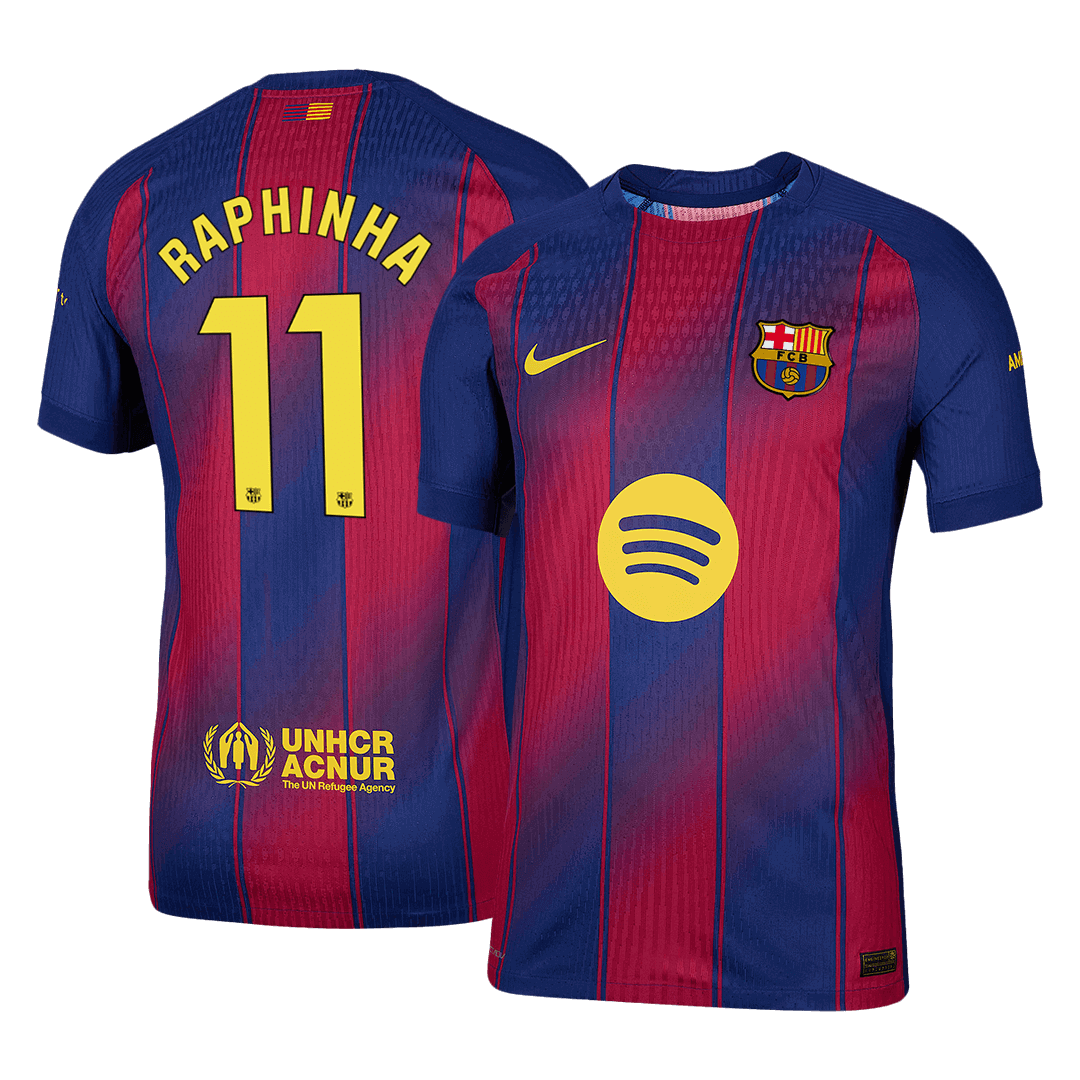 Camiseta de fútbol local auténtica de RAPHINHA #11 del Barcelona 2025/26, roja y azul