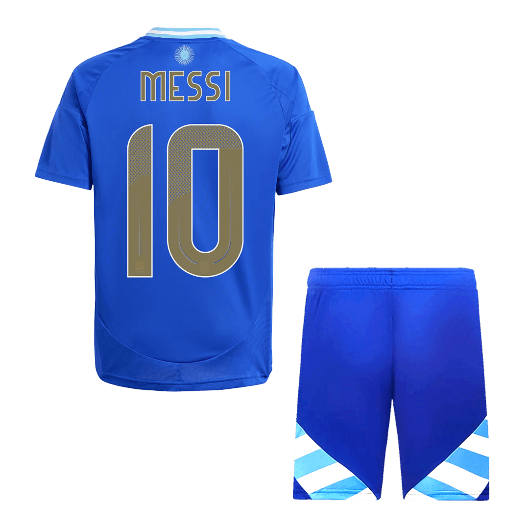 Kit de fútbol visitante de Argentina Messi #10 para niño (Kit y pantalón corto) 2024