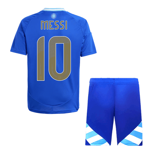 Kit de fútbol visitante de Argentina Messi #10 para niño (Kit y pantalón corto) 2024