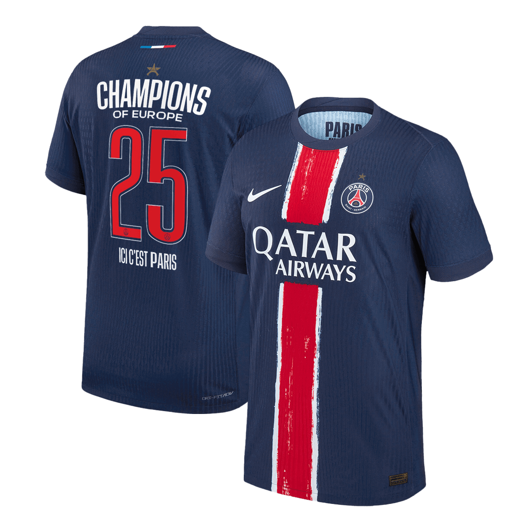 Camiseta de fútbol local auténtica del PSG n.° 25 de la Champions 2024/25, color azul marino - CAMPEONES DE EUROPA
